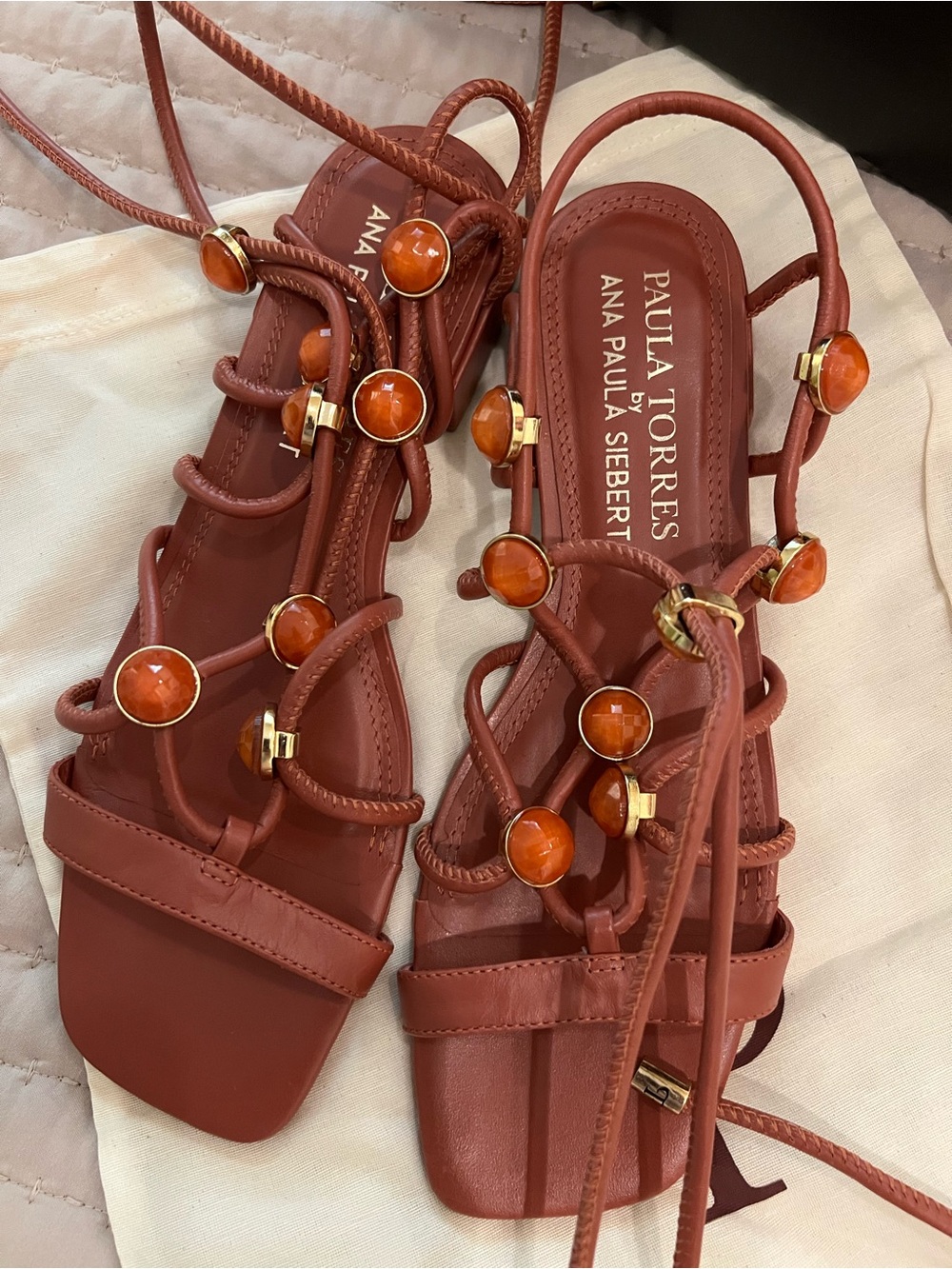 Rust Gem-Embellished Lace-Up Sandals
